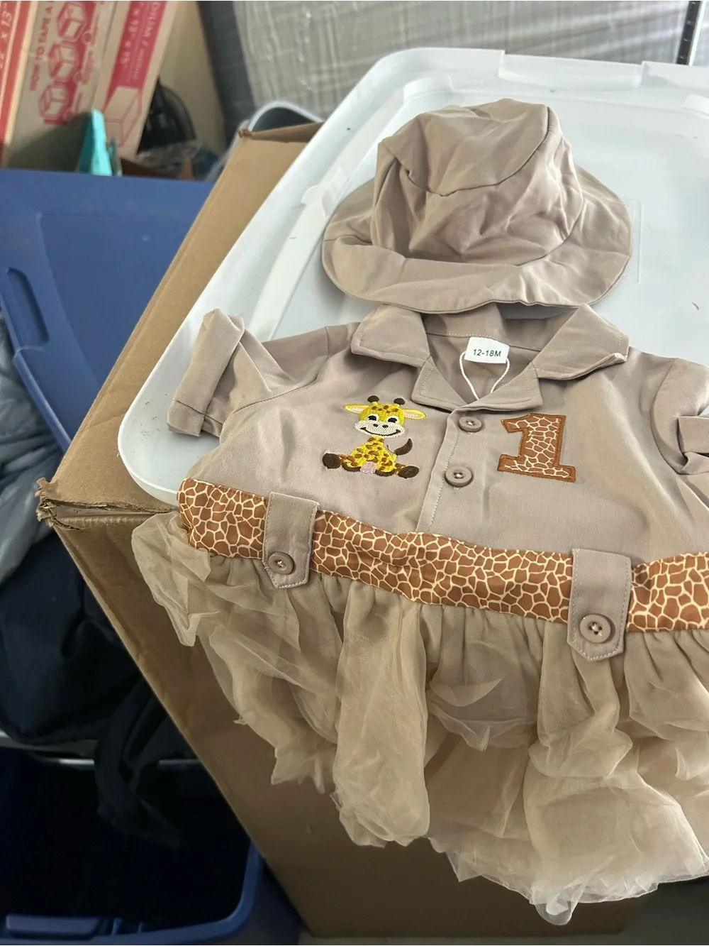 Giraffe Party Baby Dress & Hat Set - Beige
